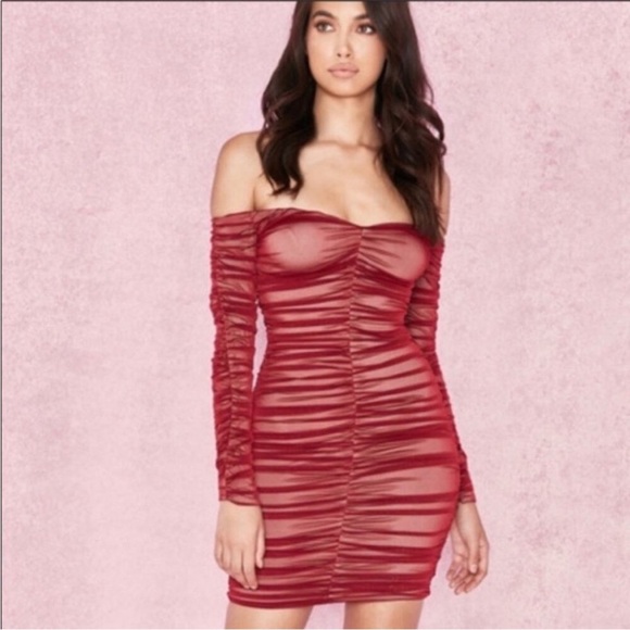House of CB Fifi Wine Red Stretch Off the Shoulder Ruched Tulle Dress. Size XS - Picture 4 of 15